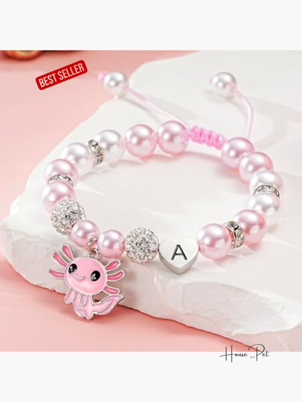 Cute Axolotl Heart Initial Bracelet CZ Rhinestone Beads and Pearl Bracelet - Picture 6 of 7